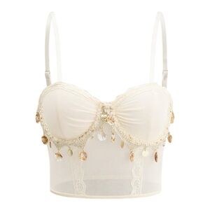 MICAS mesh bustier ruched lace trim cami top with accent faux shells